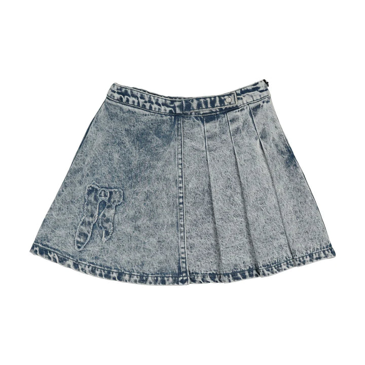skirt denim pleated bow patch - blue denim