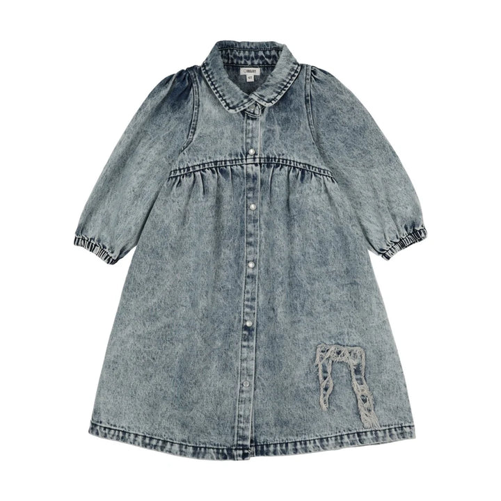 dress 3/4 sleeve denim shirt style with bow patch - blue denim