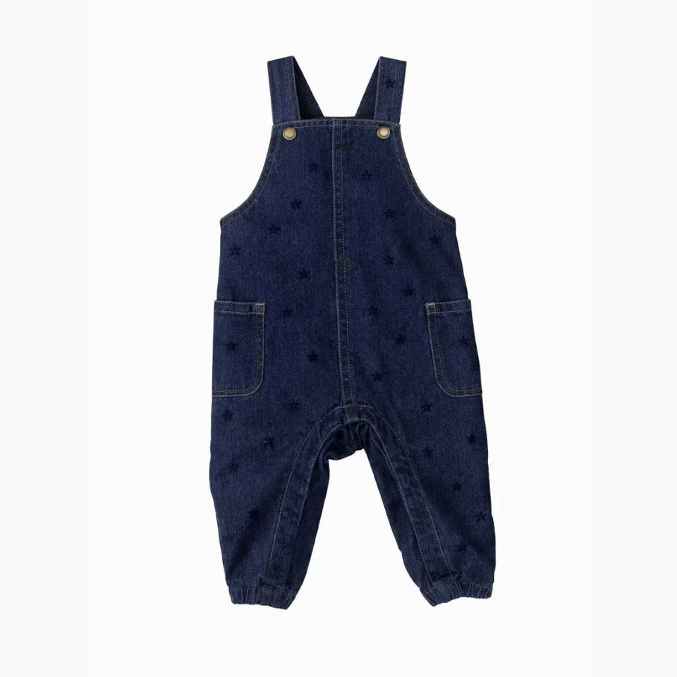 one piece denim star printed pocket overalls - blue stars