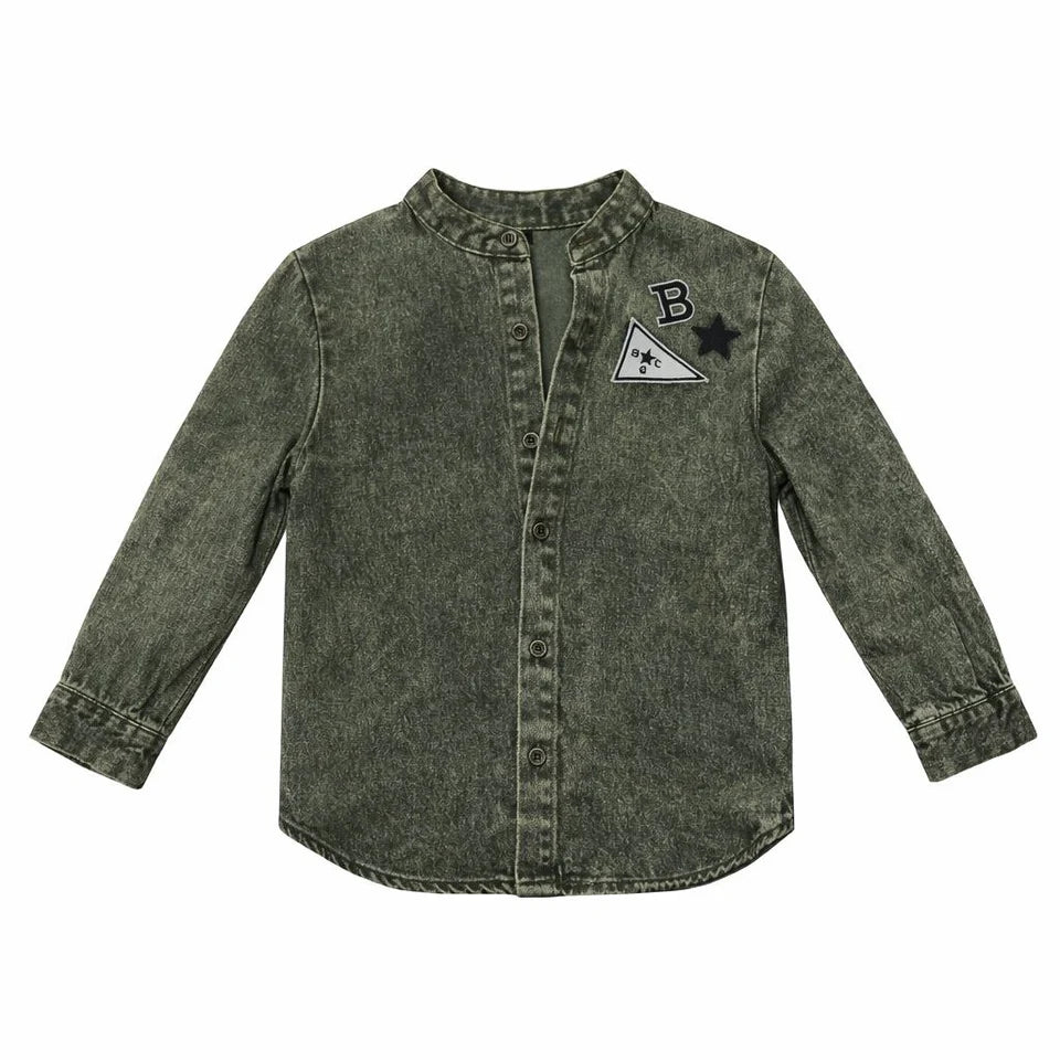 shirt l/s denim patch mandarin - green wash