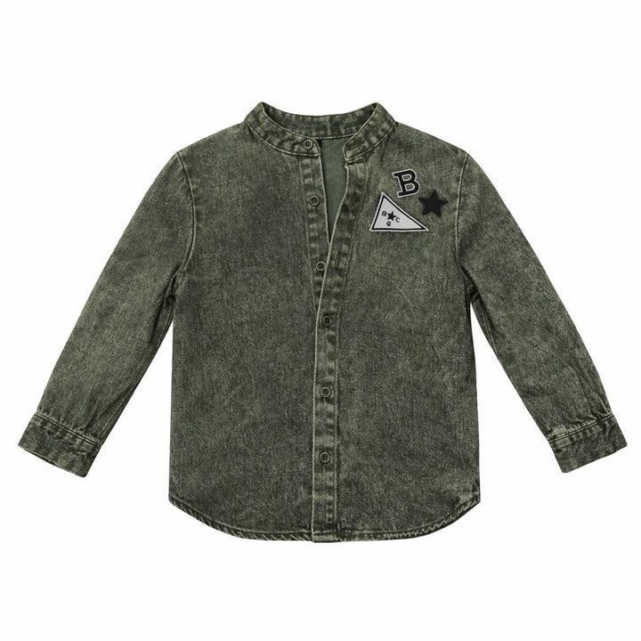 shirt l/s denim patch mandarin - green wash