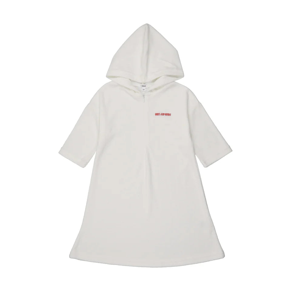 bathrobe 3/4 sleeve terry hooded with half zipper - white/pink