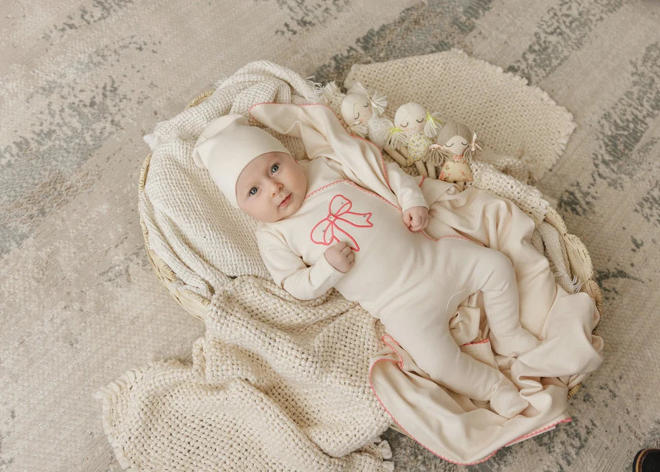 set footie  floral mock wrap with hat and blanket - pink bow