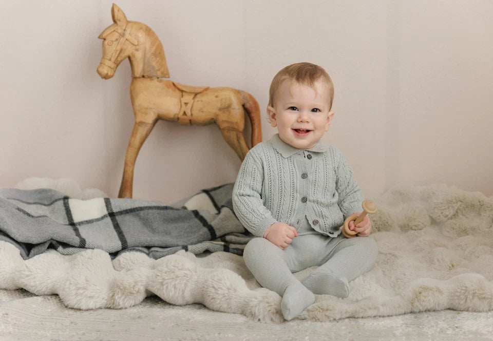 footie embroidered collar knit with pointelle cardigan and bonnet - light grey