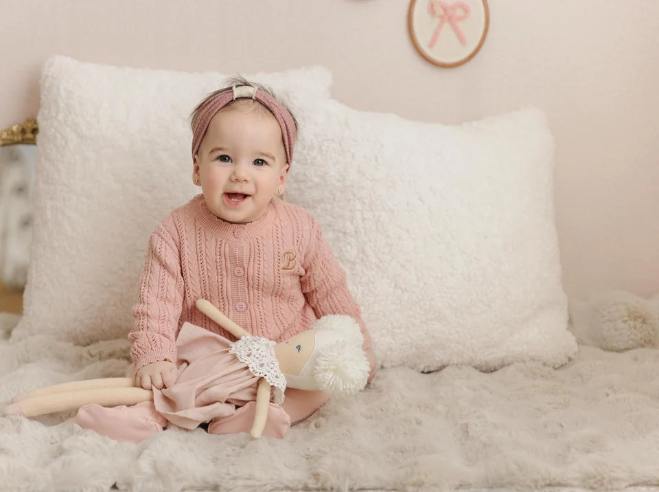 footie embroidered collar knit with pointelle cardigan and bonnet - pink