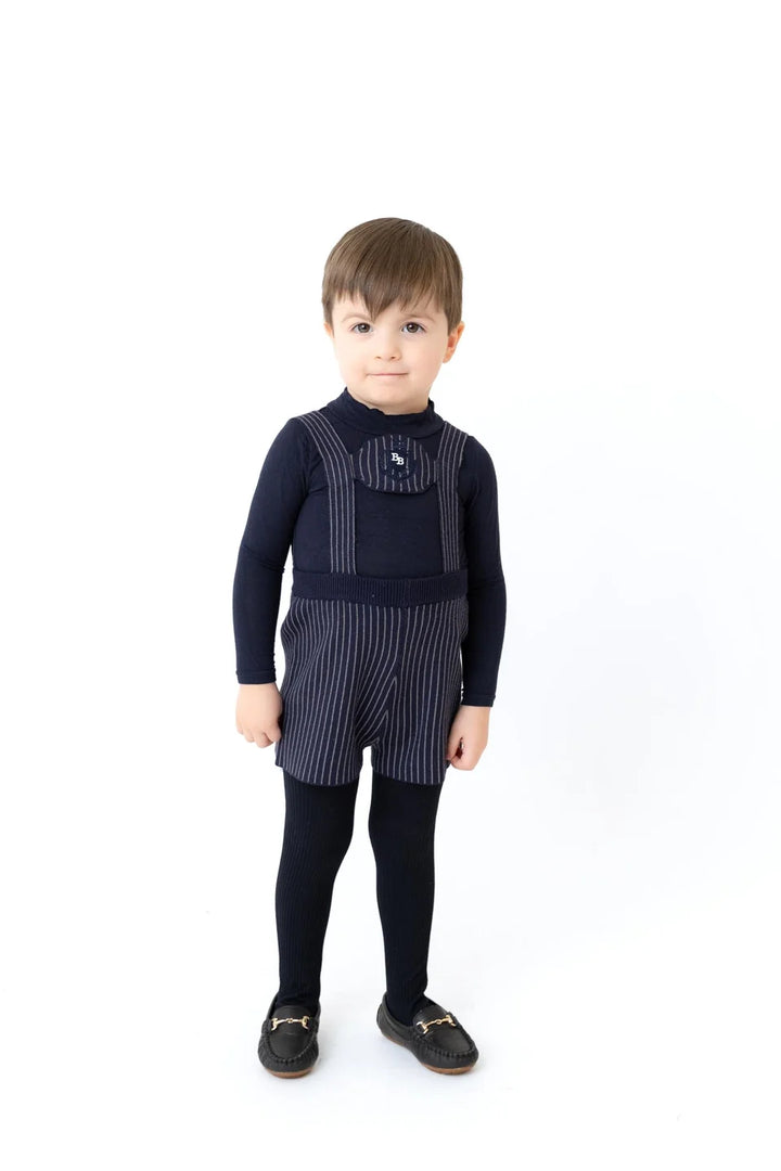 one piece knit pinstriped short overalls - navy/grey