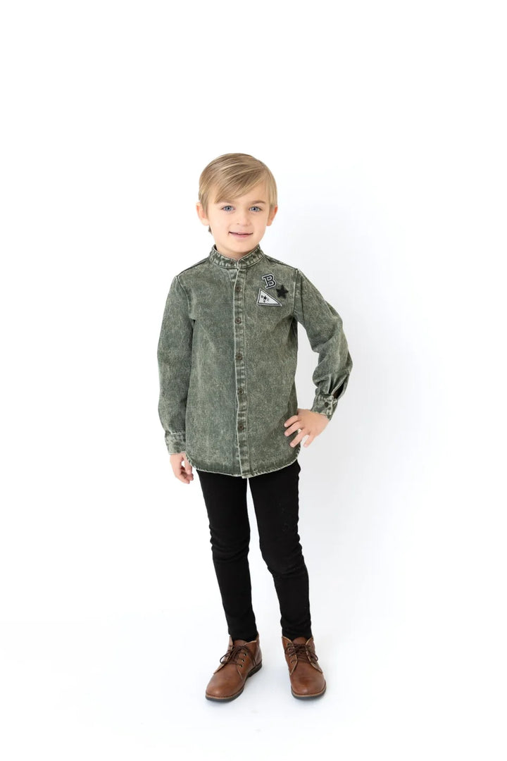 shirt l/s denim patch mandarin - green wash