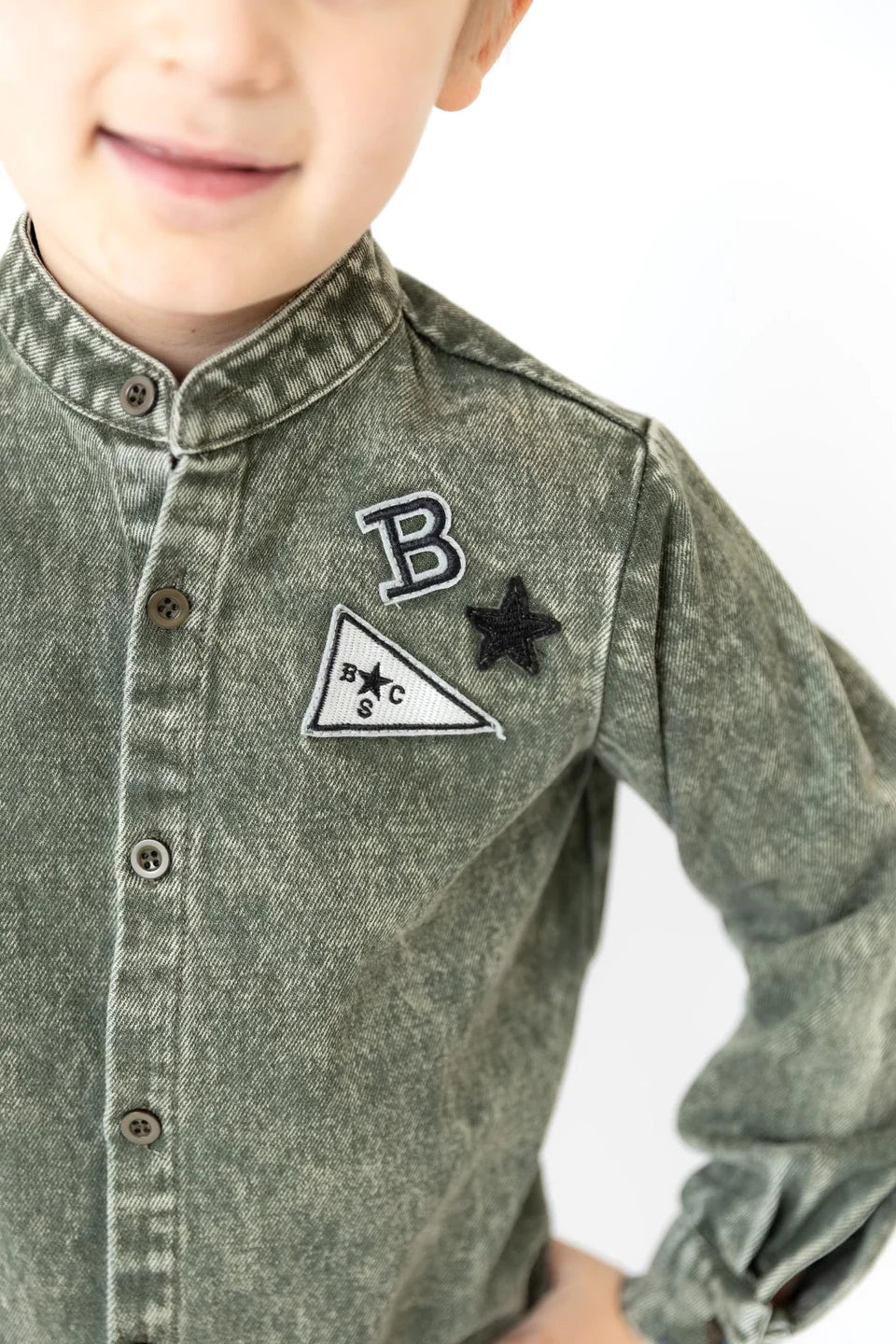 shirt l/s denim patch mandarin - green wash