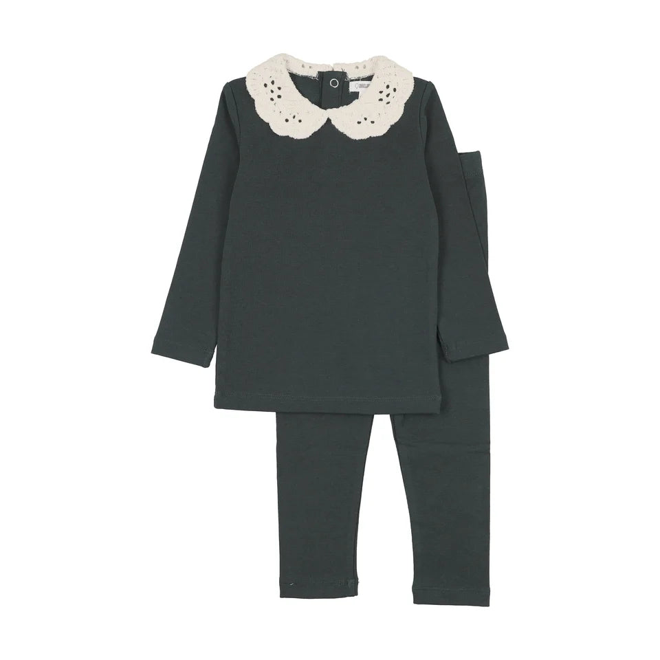 pajamas crochet collar top and pants - dark green