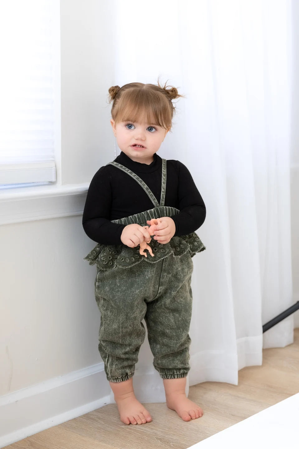 one piece denim crochet ruffle long overalls - green wash