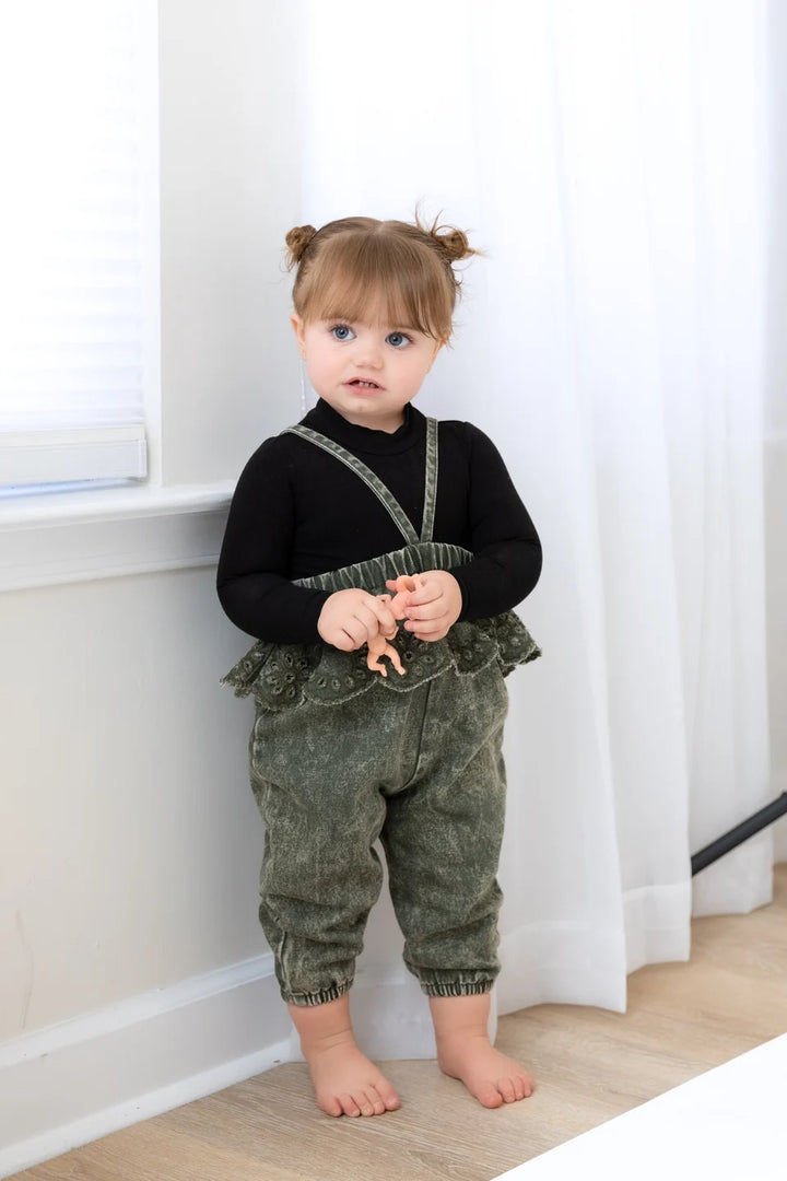 one piece denim crochet ruffle long overalls - green wash