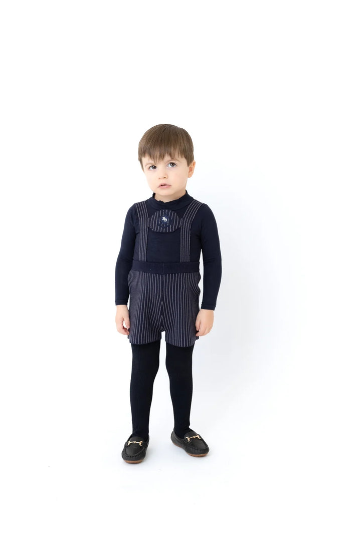 one piece knit pinstriped short overalls - navy/grey