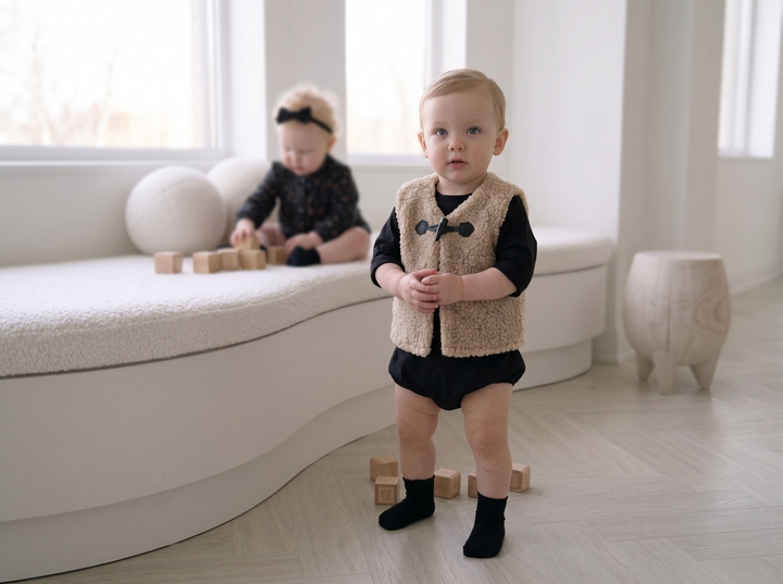 set outfit fleece vest and twill bloomer - sand/black