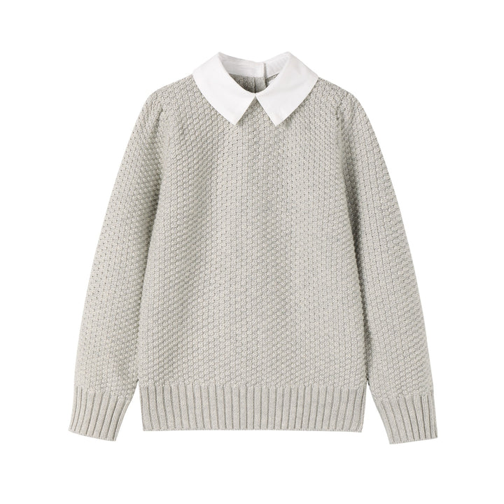 top l/s sweater knit peter pan collar - grey