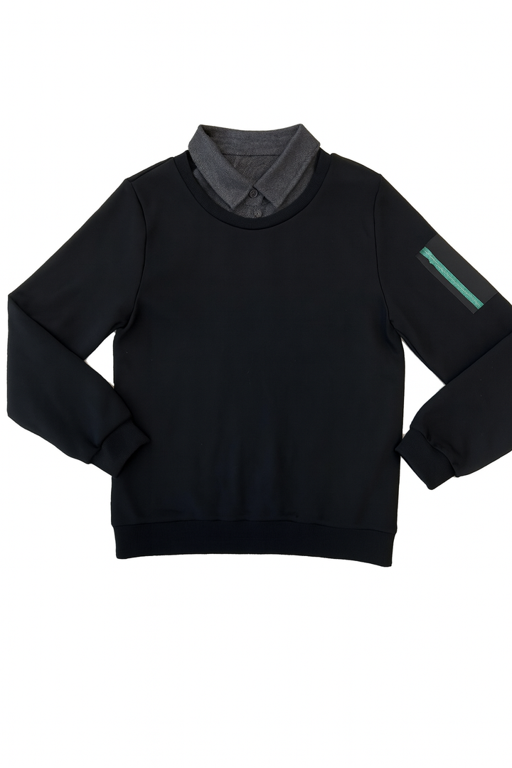 top l/s zipper sweatshirt with attached denim collar - black