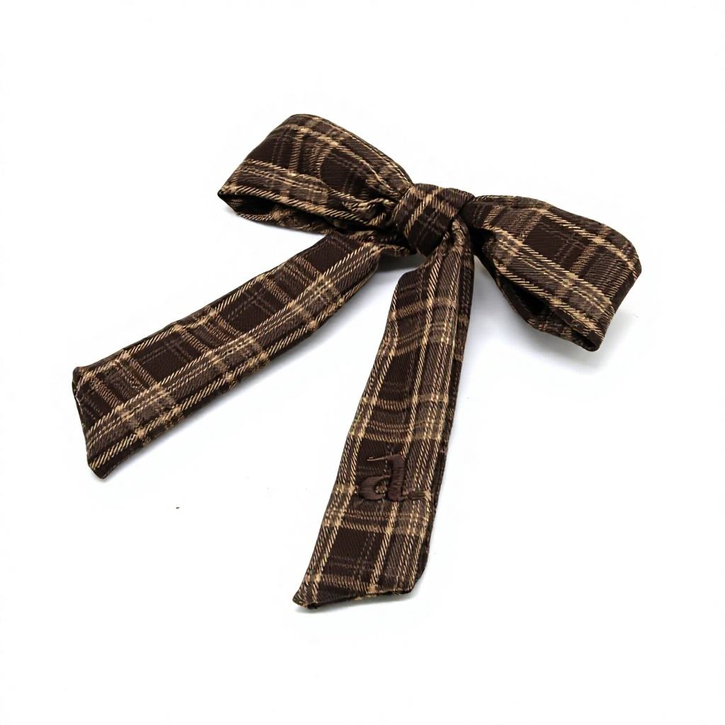 clip plaid emberoidered bow - brown