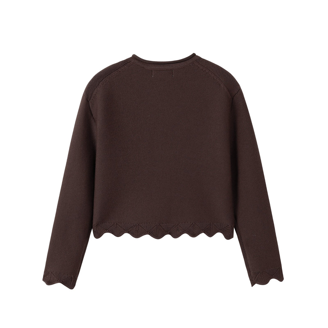top l/s scalloped knit cardigan - brown