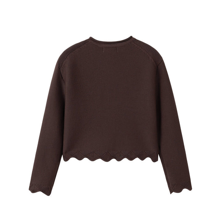 top l/s scalloped knit cardigan - brown