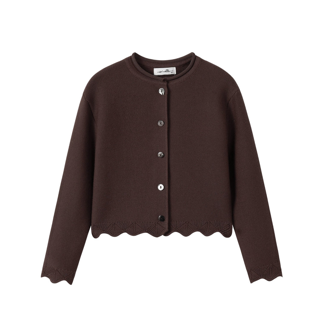 top l/s scalloped knit cardigan - brown