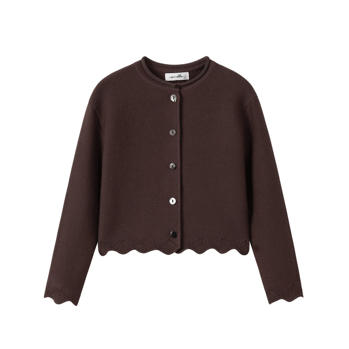 top l/s scalloped knit cardigan - brown