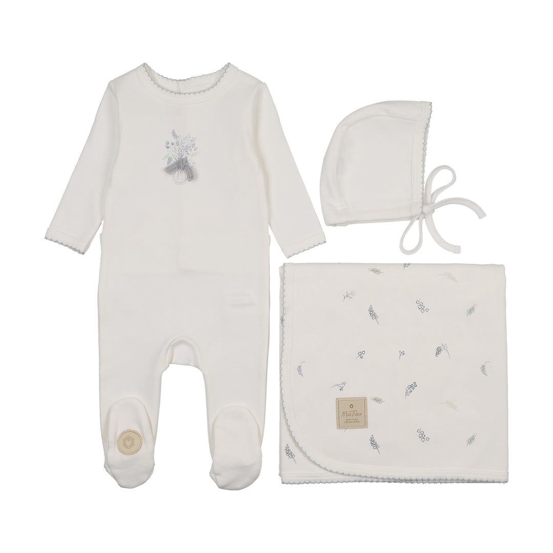 set footie bundle of blossoms with bonnet and blanket - ivory/blue