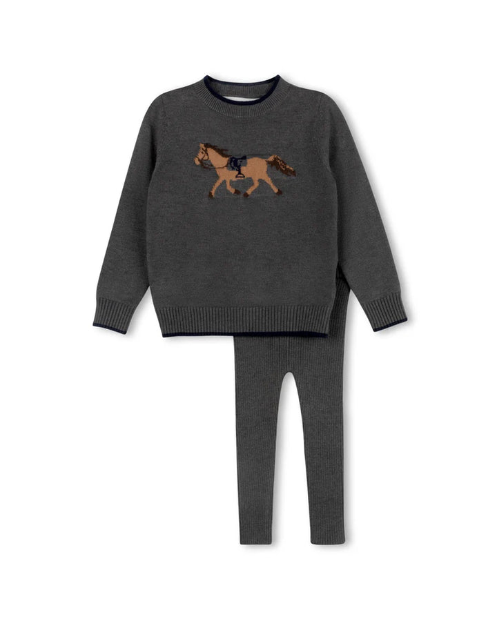 set outfit horse knit crew sweater and leggings - charcoal