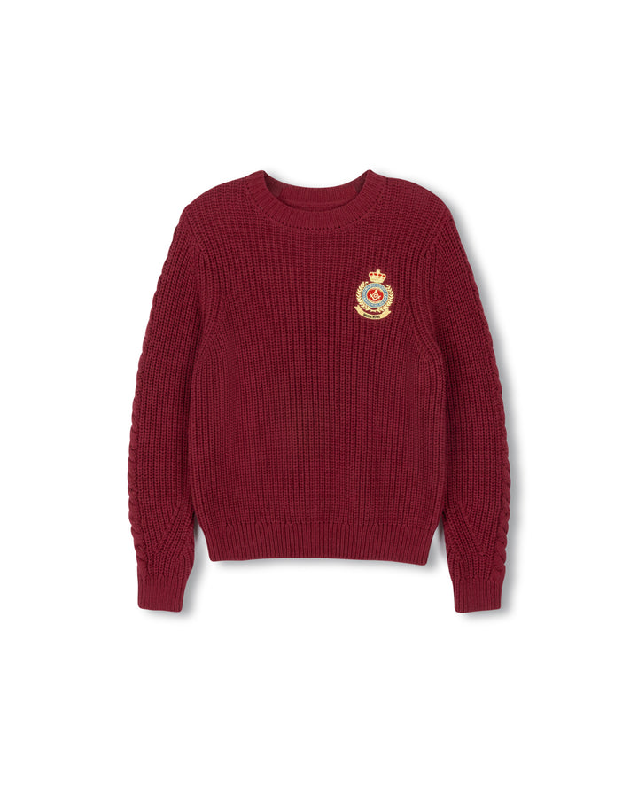 top l/s ribbed chunky emblem sweater - burgundy