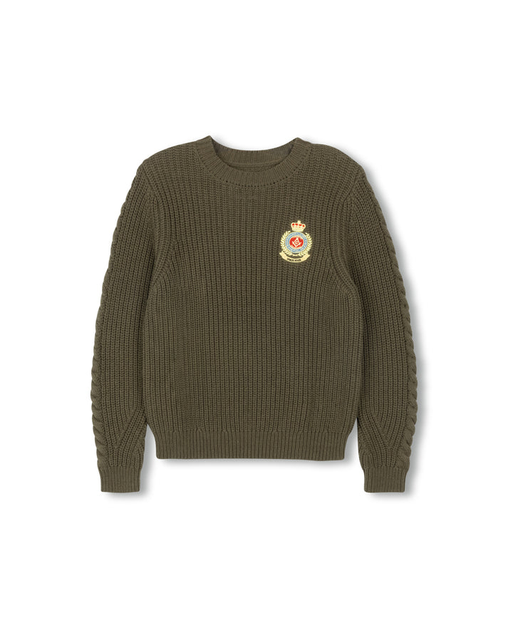 top l/s ribbed chunky emblem sweater - olive