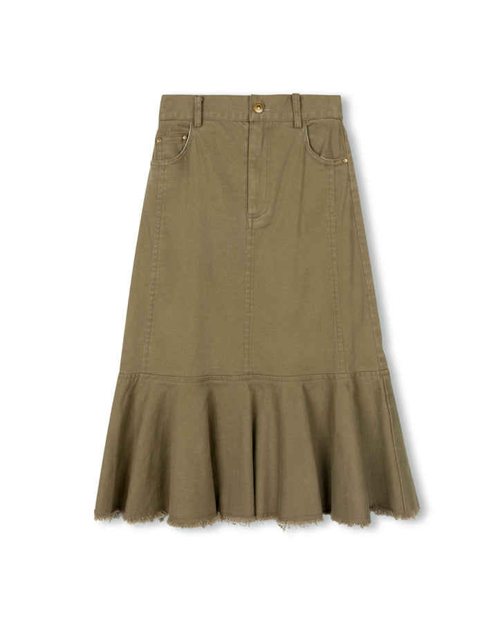 skirt midi ruffled hem denim - tan