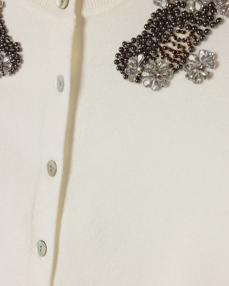 top l/s knit cardigan with beaded applique - cream
