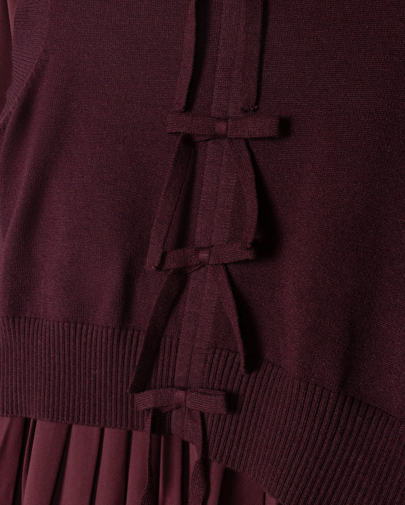 dress l/s pleated with bow vest - burgundy