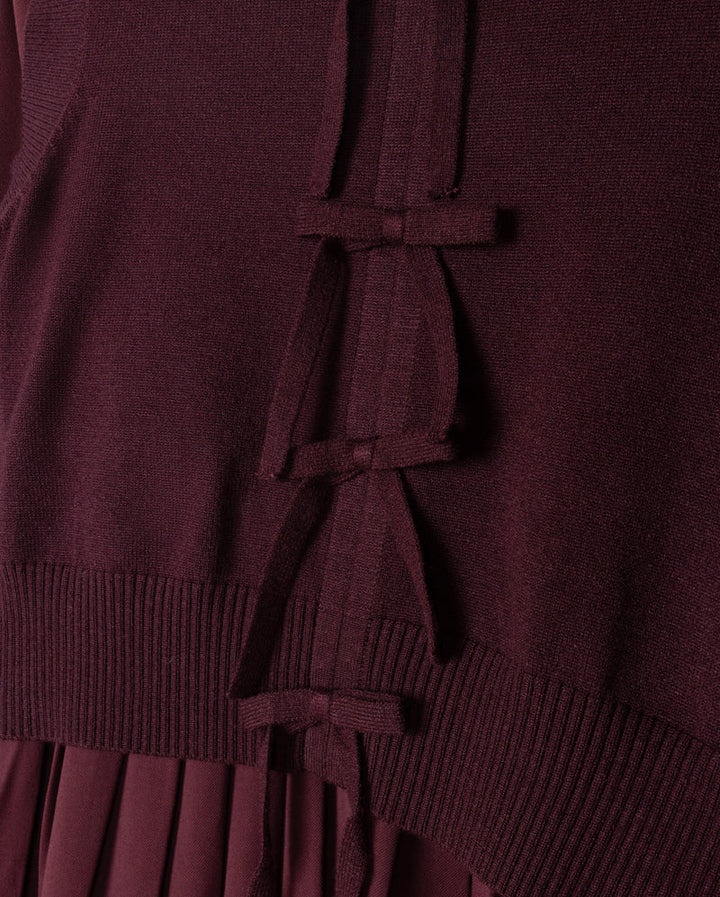 dress l/s pleated with bow vest - burgundy