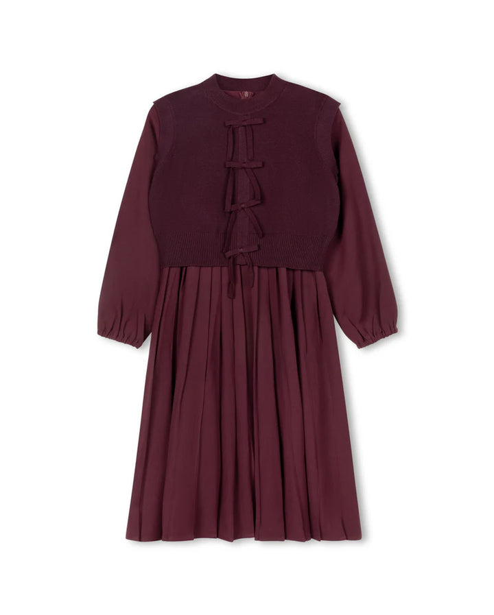 dress l/s pleated with bow vest - burgundy