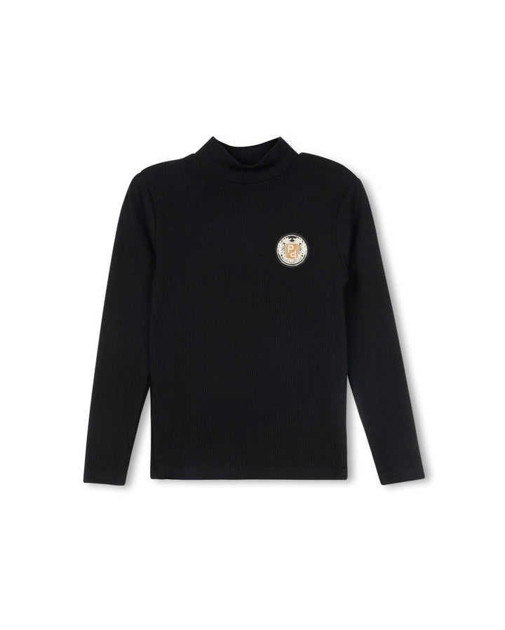 top l/s ribbed mockneck with emblem - black