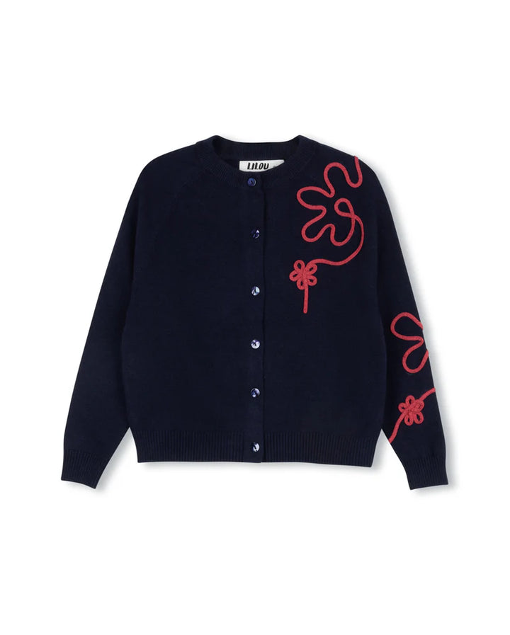 top l/s piped knit cardigan - navy