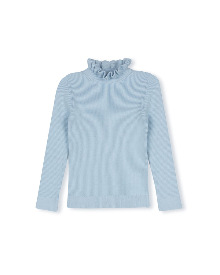 top l/s ribbed ruffle neck - light blue