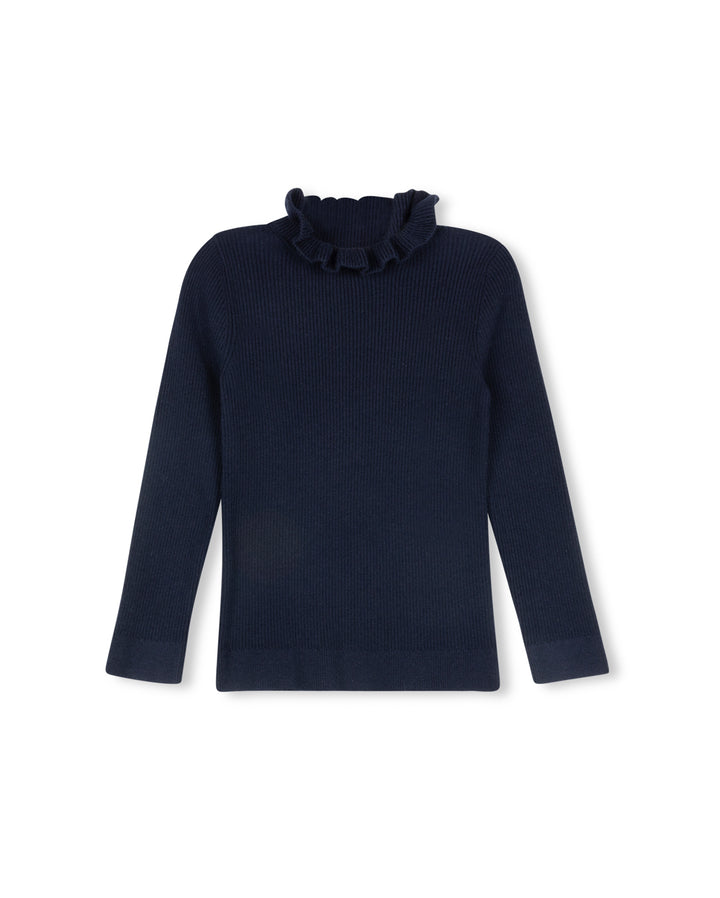 top l/s ribbed ruffle neck - navy