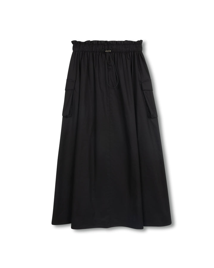 skirt midi drawstring with side pockets - black
