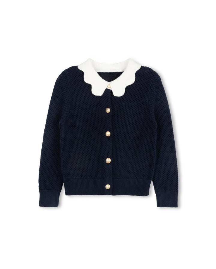 top l/s knit cardigan scalloped collar - navy