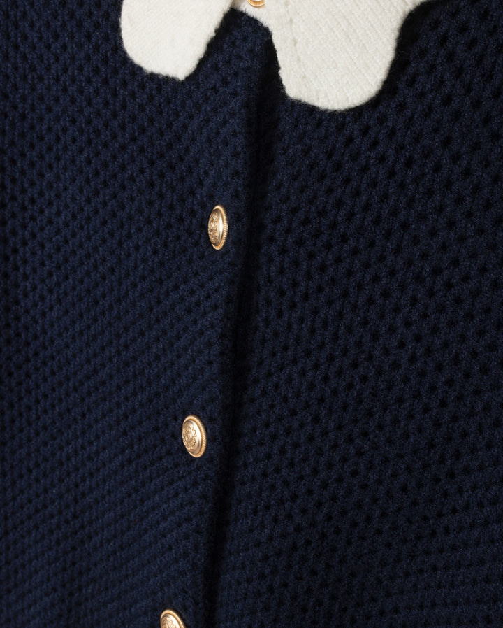 top l/s knit cardigan scalloped collar - navy