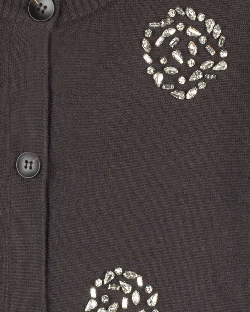 top l/s crystal flower cardigan - grey