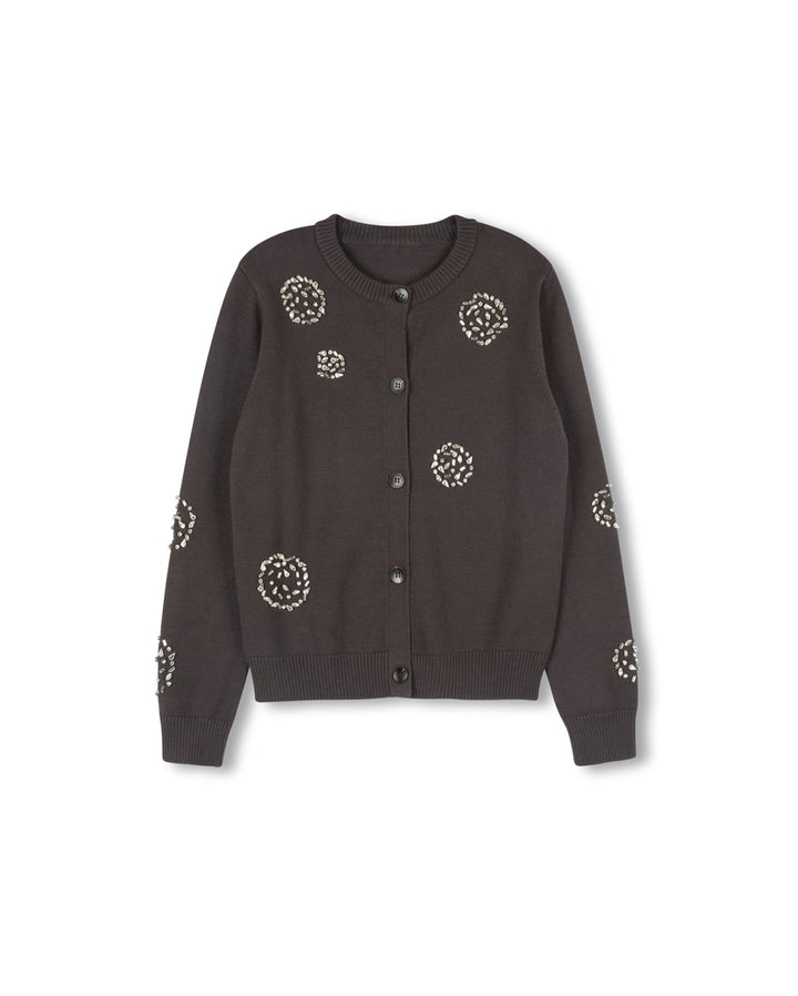 top l/s crystal flower cardigan - grey