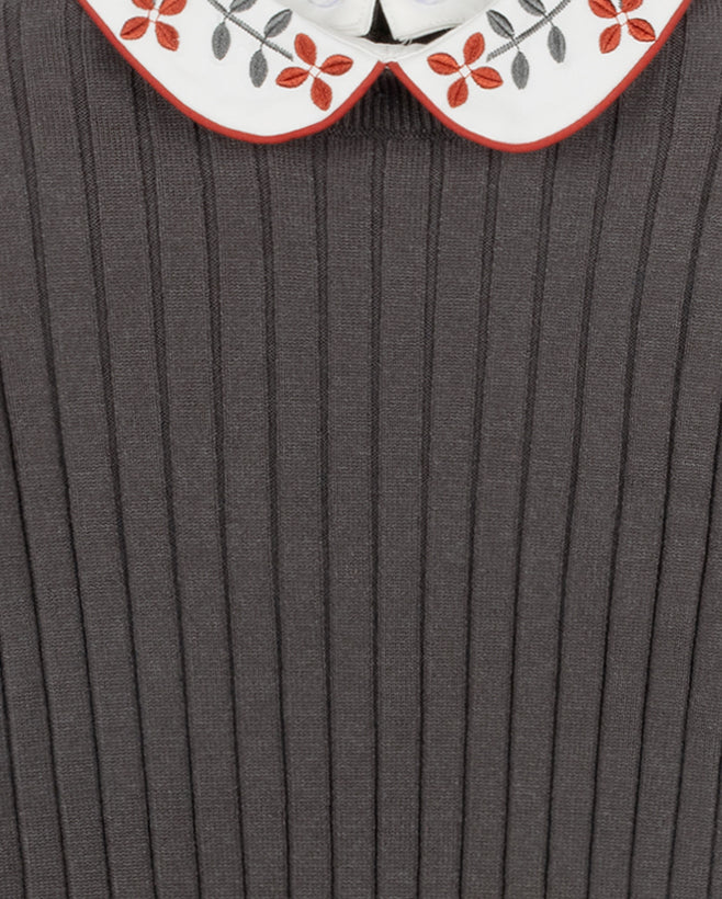 top l/s cable knit cardigan with embroidered collar - charcoal