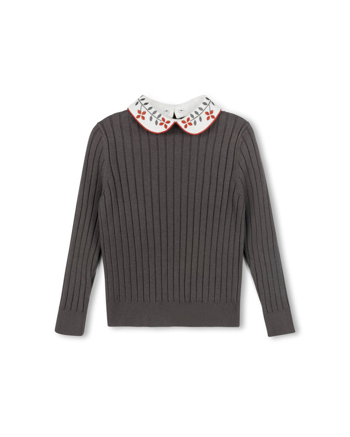 top l/s cable knit cardigan with embroidered collar - charcoal