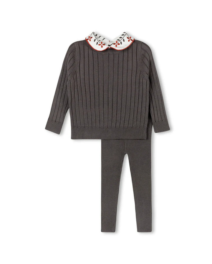 set outfit cable knit crewneck with embroidered collar and leggings - charcoal