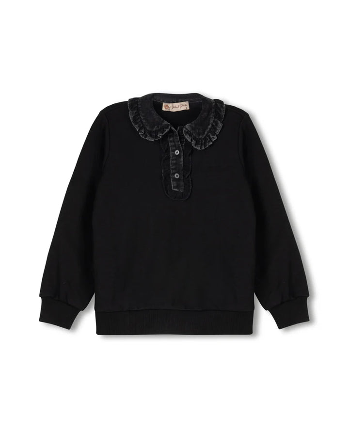 top l/s frilled corduroy collared sweatshirt - black