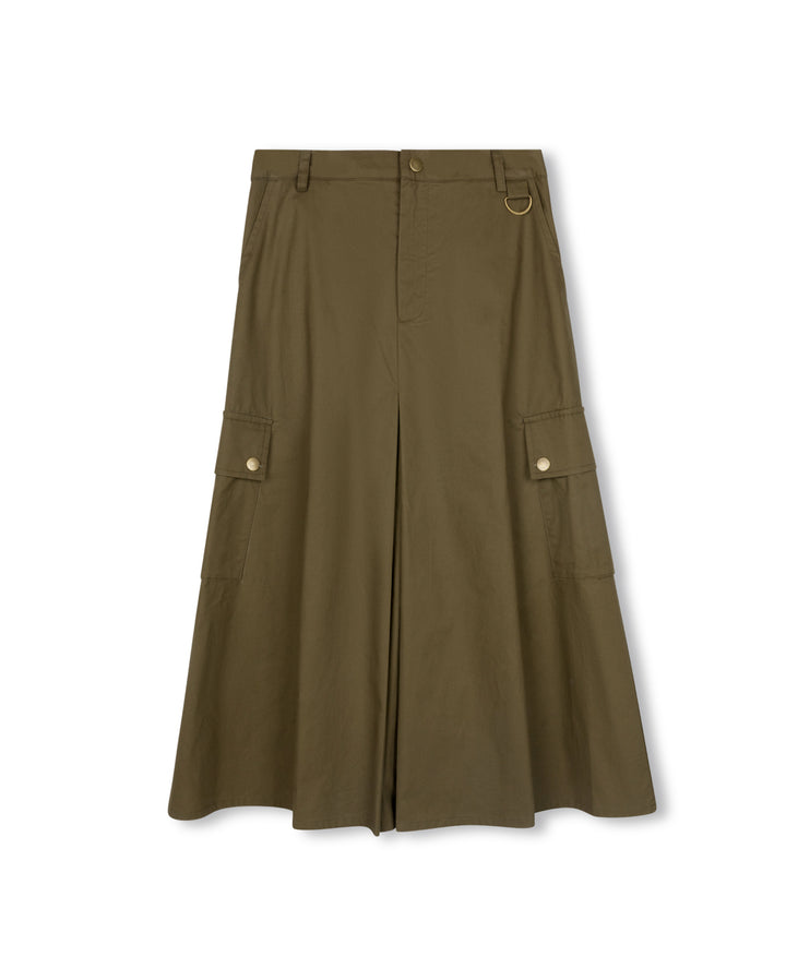 skirt midi closed front slit with side pockets - olive