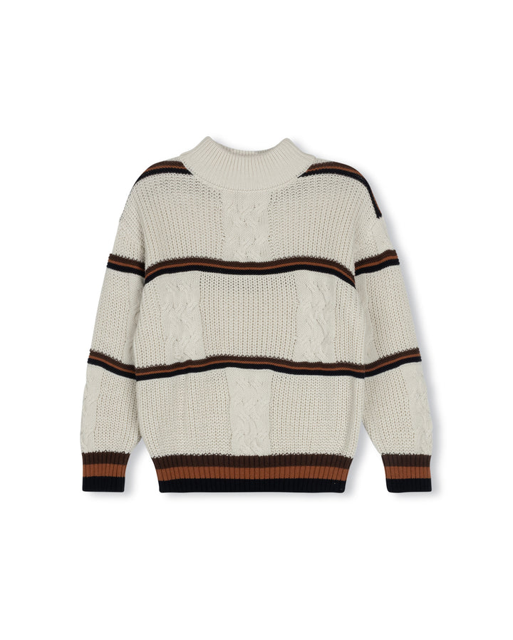 top l/s chunky knit striped mockneck - oatmeal