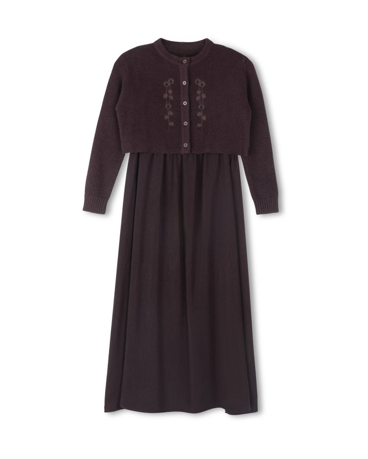 maxi dress silk jumper with embroidered cardigan - plum
