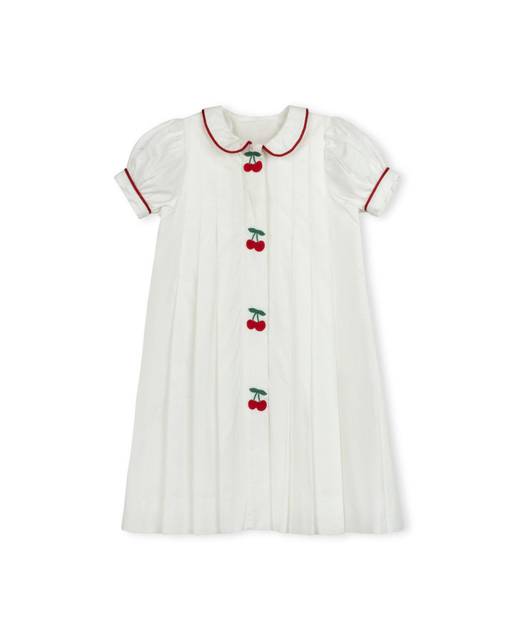 dress s/s cherry embroidered with piped trim pleated - white